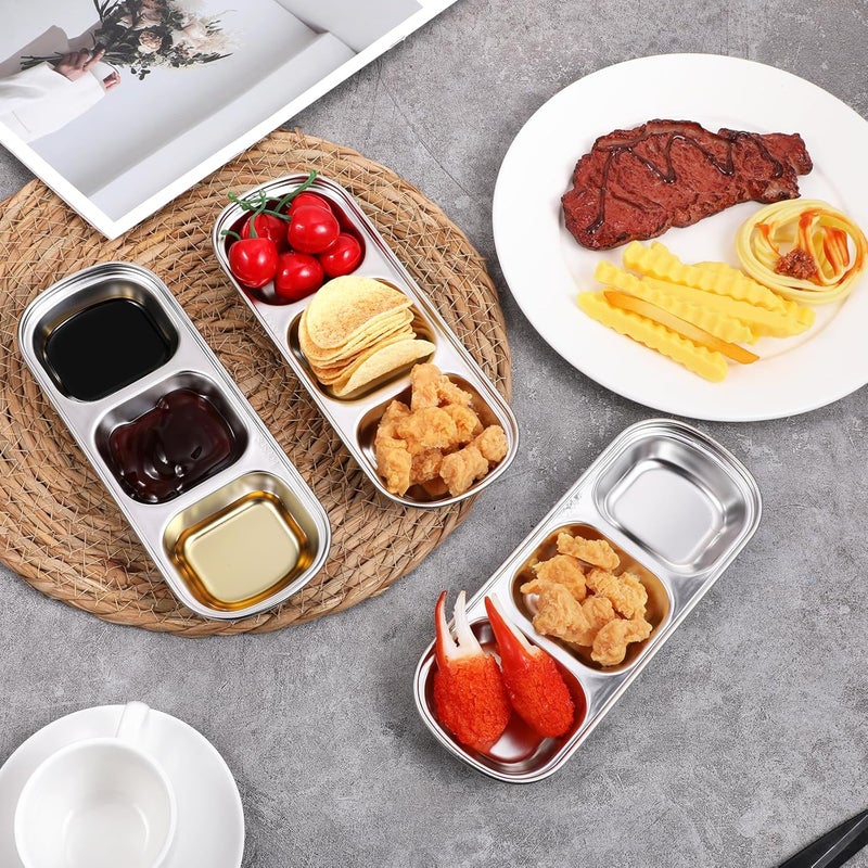 Zelphvt 12 Packs Stainless Steel Divided Dip Bowls Soy Sauce Dishes, Divided Serving Tray Chip and Dip Serving Set, 3 Compartment Sauce Plate Seasoning Dipping Condiment Tray for BBQ Vinegar Spice Sugar - Image 5